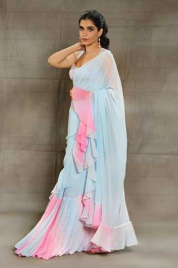 Nayantaara_Blue Georgette, Silk Beads Blossom Leheriya Saree With Embroidered Blouse _Online_at_Aza_Fashions