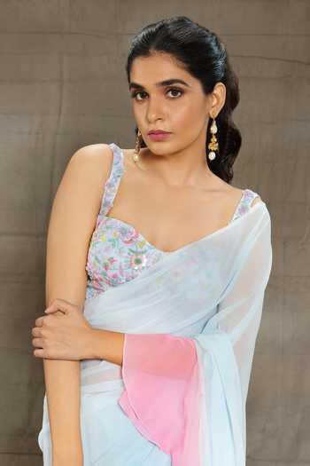 Buy_Nayantaara_Blue Georgette, Silk Beads Blossom Leheriya Saree With Embroidered Blouse _Online_at_Aza_Fashions