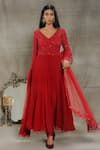 Buy_Nayantaara_Red Georgette Hand Embroidered Cut Dana V Neck Self Love Yoke Anarkali Set _at_Aza_Fashions