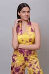 Buy_Nayantaara_Yellow Bamberg Satin Tie Dye Abstract Pattern Halter Collar Flared Jumpsuit _Online_at_Aza_Fashions