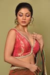 Shop_Samyukta Singhania_Pink Banarasi Brocade Woven Floral Plunge V Neck Blouse _Online_at_Aza_Fashions