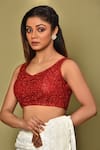 Buy_Khwaab by Sanjana Lakhani_Maroon Net Embroidery Sequin Leaf Neck Blouse _Online_at_Aza_Fashions