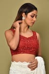 Shop_Khwaab by Sanjana Lakhani_Maroon Net Embroidery Sequin Leaf Neck Blouse _Online_at_Aza_Fashions