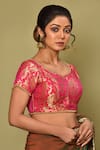 Buy_Khwaab by Sanjana Lakhani_Pink Banarasi Brocade Embroidery Pearl Leaf Neck Woven Blouse _Online_at_Aza_Fashions