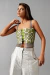 Buy_Devina Juneja_Green Cotton Satin Sequins Square Neck Camouflage Circle Vest _at_Aza_Fashions