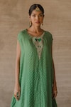 Buy_Tussah by Siddhi Shah_Green Spun Silk Bandhej Round Pattern Kaftan With Pant _Online_at_Aza_Fashions
