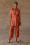 Buy_Tussah by Siddhi Shah_Orange Spun Silk Embroidered Bandhej Patterned Belted Tunic With Pant  _at_Aza_Fashions