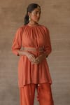 Tussah by Siddhi Shah_Orange Spun Silk Embroidered Bandhej Patterned Belted Tunic With Pant  _Online_at_Aza_Fashions