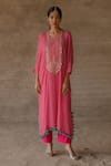 Buy_Tussah by Siddhi Shah_Pink Spun Silk Printed Sequin Embroidered Bodice Kaftan With Pant  _at_Aza_Fashions