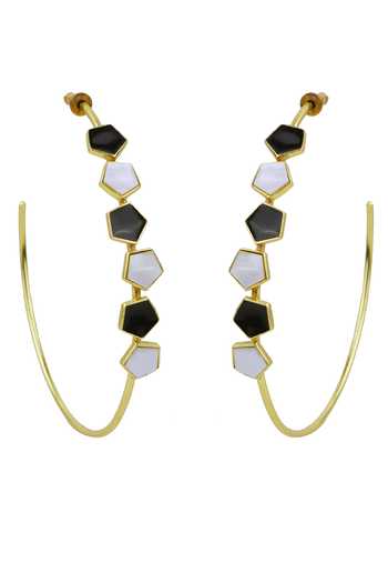 Shop_Varnika Arora_Gold Plated Pearls Dahlia Geometric Pattern Hoops _at_Aza_Fashions