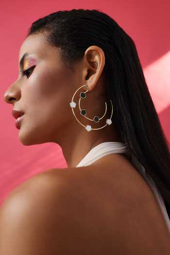 Buy_Varnika Arora_Gold Plated Pearls Magnolia Geometric Pattern Hoops _at_Aza_Fashions