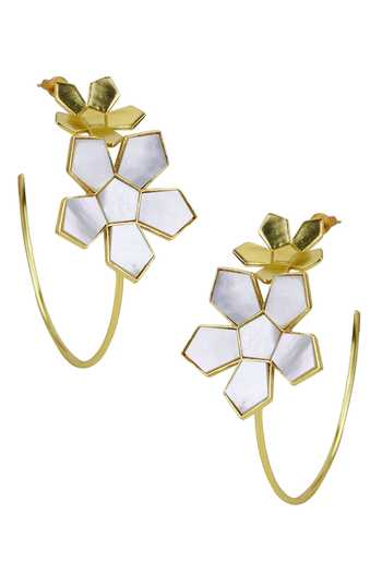 Shop_Varnika Arora_Gold Plated Pearls Freyja Floral Pattern Hoops _at_Aza_Fashions