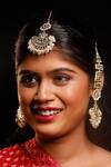 Buy_Ishhaara_Gold Plated Stones, Kundan Geometric Floral Chandbali Earring And Maangtikka _at_Aza_Fashions