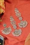 Shop_Ishhaara_Gold Plated Stones, Kundan Geometric Floral Chandbali Earring And Maangtikka _at_Aza_Fashions