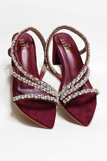 Shop_The Alter_Maroon Rhinestones Kiara Embellished Pointed Toe Block Heels _at_Aza_Fashions