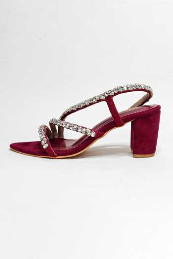 The Alter_Maroon Rhinestones Kiara Embellished Pointed Toe Block Heels _Online_at_Aza_Fashions