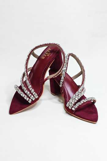 Buy_The Alter_Maroon Rhinestones Kiara Embellished Pointed Toe Block Heels _Online_at_Aza_Fashions