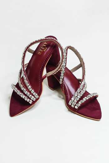 Shop_The Alter_Maroon Rhinestones Kiara Embellished Pointed Toe Block Heels _Online_at_Aza_Fashions