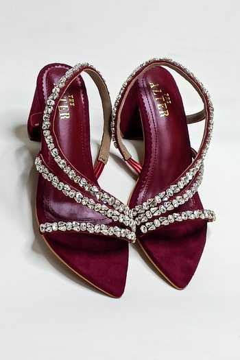 The Alter_Maroon Rhinestones Kiara Embellished Pointed Toe Block Heels _at_Aza_Fashions