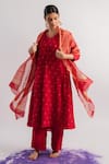 Shop_Tussah By Siddhi Shah_Red Chanderi Hand Embroidered Sequins V Neck A-line Kurta And Pant Set  _at_Aza_Fashions