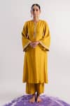 Buy_Tussah By Siddhi Shah_Yellow Slub Silk Hand Embroidered Sequins Sleeve Hem Kurta And Pant Set  _at_Aza_Fashions