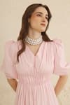 Shop_Ashico_Pink Cotton Plain Solid V Neck Tiered Maxi Dress 