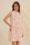 Ashico_Peach Banana Crepe Applique Band Collar Floral Dress _at_Aza_Fashions