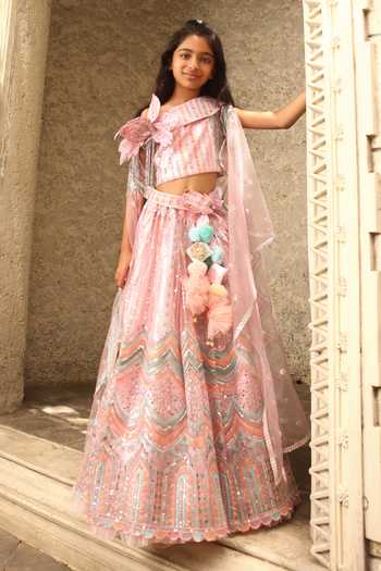 Buy_Fayon Kids_Pink Net Sequins, Cut Work, Fabric Flowers Embroidered Crop Top And Skirt Set _at_Aza_Fashions