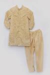 Shop_Fayon Kids_Gold Chanderi, Cotton Embroidery, Sequins Lucknowi Achkan And Pant Set _at_Aza_Fashions