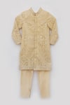 Buy_Fayon Kids_Gold Chanderi, Cotton Embroidery, Sequins Lucknowi Achkan And Pant Set _Online_at_Aza_Fashions