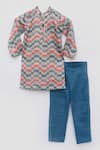 Shop_Fayon Kids_Blue Cotton Embroidery Zig Zag Print Kurta Set _at_Aza_Fashions