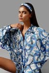 Devina Juneja_Blue Cotton Abstract Shirt Collar Camouflage Oversized  _Online_at_Aza_Fashions