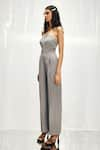 Shop_Pocketful Of Cherrie_Grey Italian Suiting Fabric Asymmetric Neckline Jumpsuit  _Online_at_Aza_Fashions