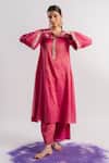 Buy_Tussah By Siddhi Shah_Pink Tissue Hand Embroidered Sequins Placket A-line Kurta And Pant Set  _at_Aza_Fashions