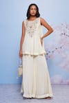 Buy_Ajiesh Oberoi_Ivory Chiffon, Cotton, Lycra Embroidery, Gota Babli Floral Kurta And Sharara Set _at_Aza_Fashions