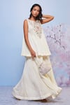 Buy_Ajiesh Oberoi_Ivory Chiffon, Cotton, Lycra Embroidery, Gota Babli Floral Kurta And Sharara Set _Online_at_Aza_Fashions