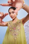 Shop_Ajiesh Oberoi_Green Chiffon, Cotton, Lycra Embroidery, Gota Patti Round Floral Mint Kurta Set _Online_at_Aza_Fashions