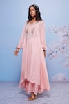 Shop_Ajiesh Oberoi_Pink Chiffon, Cotton, Lycra Embroidery V-neck Chakori Kurta And Palazzo Set _Online_at_Aza_Fashions