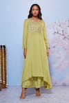 Buy_Ajiesh Oberoi_Green Chiffon, Cotton, Lycra Embroidery Chakori Asymmetric Kurta And Palazzo Set _at_Aza_Fashions