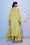 Shop_Ajiesh Oberoi_Green Chiffon, Cotton, Lycra Embroidery Chakori Asymmetric Kurta And Palazzo Set _at_Aza_Fashions