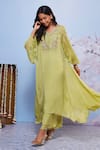 Ajiesh Oberoi_Green Chiffon, Cotton, Lycra Embroidery Chakori Asymmetric Kurta And Palazzo Set _Online_at_Aza_Fashions