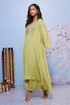 Buy_Ajiesh Oberoi_Green Chiffon, Cotton, Lycra Embroidery Chakori Asymmetric Kurta And Palazzo Set _Online_at_Aza_Fashions