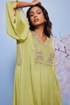 Shop_Ajiesh Oberoi_Green Chiffon, Cotton, Lycra Embroidery Chakori Asymmetric Kurta And Palazzo Set _Online_at_Aza_Fashions