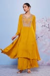 Buy_Ajiesh Oberoi_Yellow Chiffon And Cotton Lycra Embroidered Chakori Long Kurta & Palazzo Set _at_Aza_Fashions