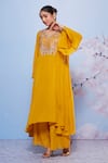 Buy_Ajiesh Oberoi_Yellow Chiffon And Cotton Lycra Embroidered Chakori Long Kurta & Palazzo Set _Online_at_Aza_Fashions