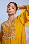 Shop_Ajiesh Oberoi_Yellow Chiffon And Cotton Lycra Embroidered Chakori Long Kurta & Palazzo Set _Online_at_Aza_Fashions