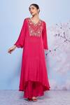 Ajiesh Oberoi_Pink Chiffon, Cotton, Lycra Embroidery V-neck Chakori Long Kurta And Palazzo Set _Online_at_Aza_Fashions