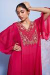 Buy_Ajiesh Oberoi_Pink Chiffon, Cotton, Lycra Embroidery V-neck Chakori Long Kurta And Palazzo Set _Online_at_Aza_Fashions