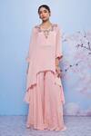 Buy_Ajiesh Oberoi_Pink Chiffon/cotton Lycra Embroidered Floral V Neck Asymmetric Kurta Set _at_Aza_Fashions