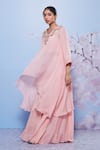 Ajiesh Oberoi_Pink Chiffon/cotton Lycra Embroidered Floral V Neck Asymmetric Kurta Set _Online_at_Aza_Fashions